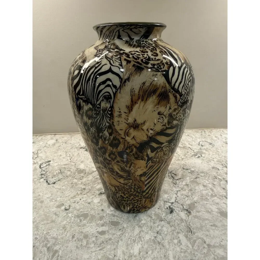Vintage Porcelain Art Pottery Vase Safari Animal Print Brown Black 9